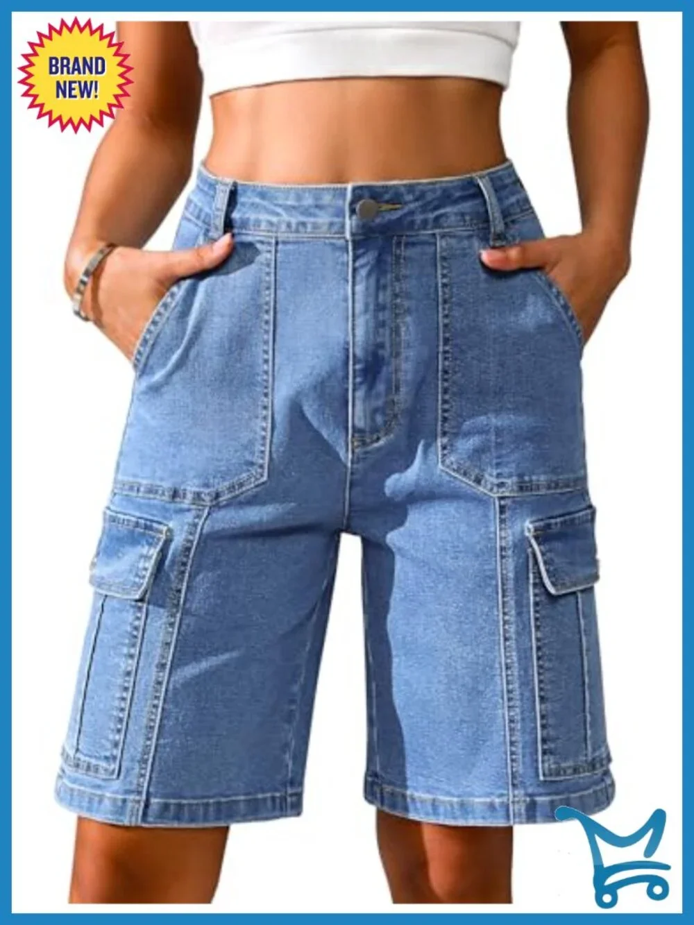 High Waisted Bermuda Cargo Shorts for Women Stretch Denim 9 Inch Inseam